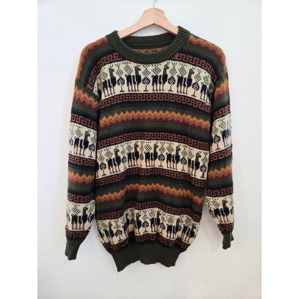 Vintage Peruvian Alpaca Wool Llama Pattern Crewneck Sweater Green Earth Tones